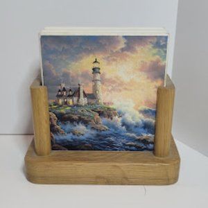 SET OF 4 VINTAGE CERAMIC TILE LIGHT-HOUSE NAUTICAL COASTERS WITH WOODEN HOLDER